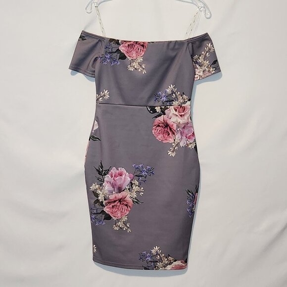Iris Gray Floral Off-Shoulder Bodycon Cocktail Dress - Small - Picture 1 of 12